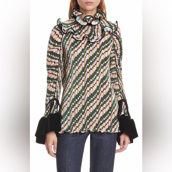 NWT Tory Burch Convertible Pleated Ruffle Blouse In Mesa Geo - Picture 2 of 8